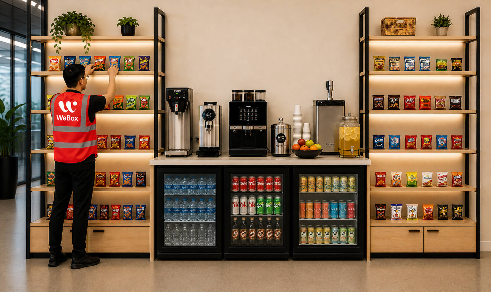 WeBox office pantry service — stocked snack shelves, drinks, and coffee station in a Bay Area office